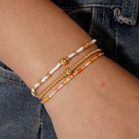 Gold Beaded Bracelets Stack for Women, 3PCS Colorful Bohemian Stackable Layered Adjustable Stretch Non-Tarnish Seed Beads Bracelet Set, Dainty Jewelry Fall Fashion Accessory Friendship Gift in Saudi Arabia