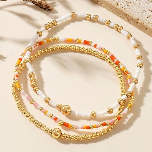 Gold Beaded Bracelets Stack for Women, 3PCS Colorful Bohemian Stackable Layered Adjustable Stretch Non-Tarnish Seed Beads Bracelet Set, Dainty Jewelry Fall Fashion Accessory Friendship Gift in Saudi Arabia
