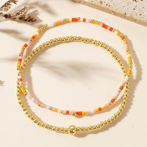 Gold Beaded Bracelets Stack for Women, 3PCS Colorful Bohemian Stackable Layered Adjustable Stretch Non-Tarnish Seed Beads Bracelet Set, Dainty Jewelry Fall Fashion Accessory Friendship Gift in Saudi Arabia