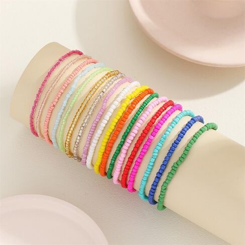 Fuqimanman2020 18Pcs Boho Stackable Beaded Bracelets for Women Colorful Handmade Multilayered Rice Beads Anklets Set Summer Beach Bohemian Jewelry Gift in Saudi Arabia
