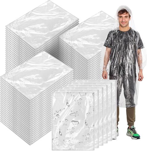 50 Pack Disposable Rain Ponchos with Hood, Emergency Waterproof Raincoat for Adult Raincoats Ponchos Family Pack for Camping Hiking Sport Outdoors Homeless Care (White) in Saudi Arabia