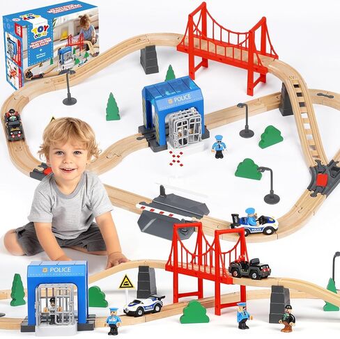TOY Life Wooden Train Set for Toddlers 2-4, 56PCS Police Station Train Toys with Wooden Train Track Set, Magnetic Police Car Set, Toys for 3 4 5 6 Year Old Boys Kids, Compatible with Major Brand in Saudi Arabia