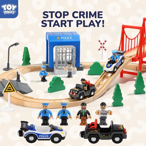 TOY Life Wooden Train Set for Toddlers 2-4, 56PCS Police Station Train Toys with Wooden Train Track Set, Magnetic Police Car Set, Toys for 3 4 5 6 Year Old Boys Kids, Compatible with Major Brand in Saudi Arabia