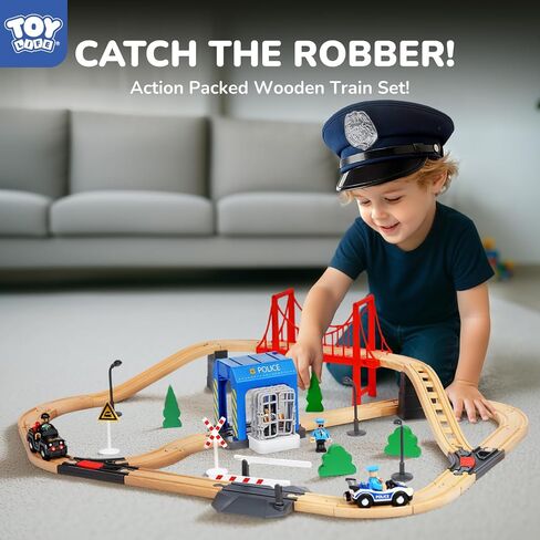 TOY Life Wooden Train Set for Toddlers 2-4, 56PCS Police Station Train Toys with Wooden Train Track Set, Magnetic Police Car Set, Toys for 3 4 5 6 Year Old Boys Kids, Compatible with Major Brand in Saudi Arabia