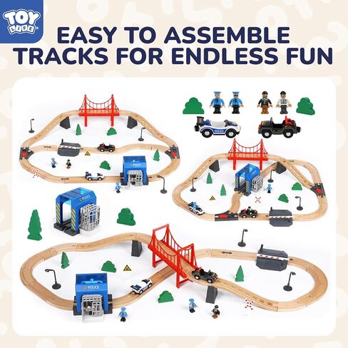 TOY Life Wooden Train Set for Toddlers 2-4, 56PCS Police Station Train Toys with Wooden Train Track Set, Magnetic Police Car Set, Toys for 3 4 5 6 Year Old Boys Kids, Compatible with Major Brand in Saudi Arabia