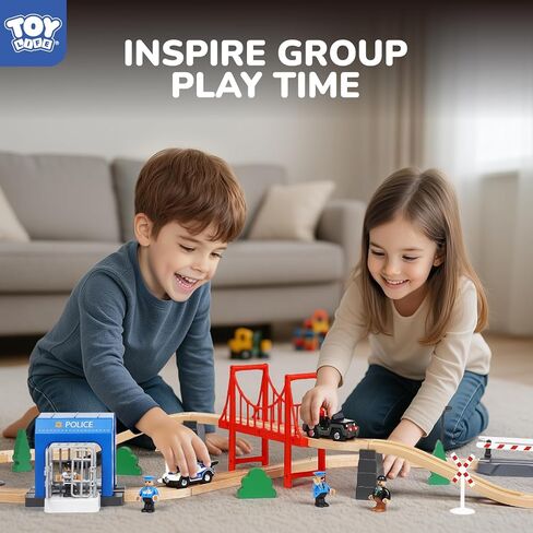 TOY Life Wooden Train Set for Toddlers 2-4, 56PCS Police Station Train Toys with Wooden Train Track Set, Magnetic Police Car Set, Toys for 3 4 5 6 Year Old Boys Kids, Compatible with Major Brand in Saudi Arabia