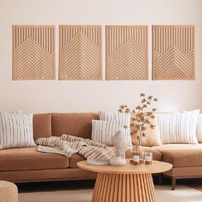 Wesiti 4 PCS Wooden Mountain Wall Art Decor Barge Abstract Wall Art for Living Room Modern Wood Panel Line Sculptures Nature Rustic Forest Decor in Kuwait