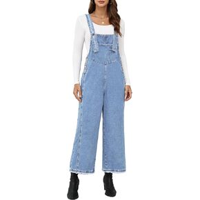 Denim Overalls for Women Jean Bib Wide Leg Raw Hem Button Adjustable Straps Loose Fit Baggy Jumpsuit Jumpers in Saudi Arabia