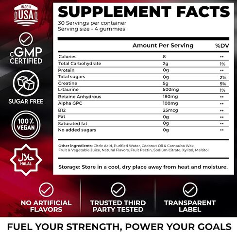 Creatine Monohydrate Gummies 5000mg – Advanced Muscle & Focus Blend with Alpha GPC, B12 & Taurine – Vegan, Sugar-Free, Blueberry & Raspberry Flavors – Made in USA, 120 Gummies (30 Servings) in Saudi Arabia