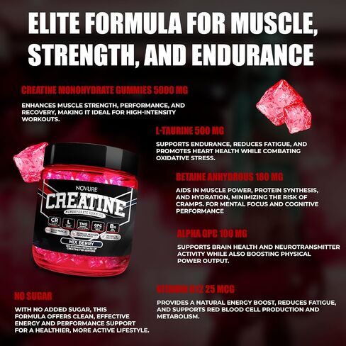 Creatine Monohydrate Gummies 5000mg – Advanced Muscle & Focus Blend with Alpha GPC, B12 & Taurine – Vegan, Sugar-Free, Blueberry & Raspberry Flavors – Made in USA, 120 Gummies (30 Servings) in Saudi Arabia