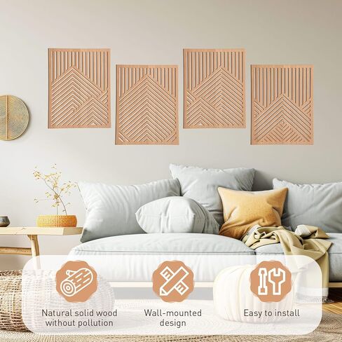Wesiti 4 PCS Wooden Mountain Wall Art Decor Barge Abstract Wall Art for Living Room Modern Wood Panel Line Sculptures Nature Rustic Forest Decor in Kuwait