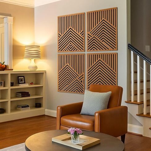 Wesiti 4 PCS Wooden Mountain Wall Art Decor Barge Abstract Wall Art for Living Room Modern Wood Panel Line Sculptures Nature Rustic Forest Decor in Kuwait