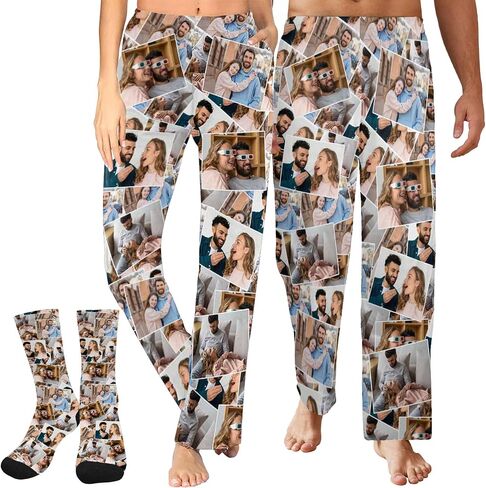 Custom Pajama Pants with Photo for Men Women Personalized Photo Funny Face Pj Bottoms Sleepwear Trousers Socks in Kuwait