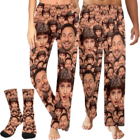 Custom Pajama Pants with Photo for Men Women Personalized Photo Funny Face Pj Bottoms Sleepwear Trousers Socks in Kuwait