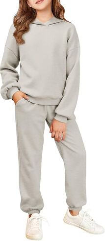 Haloumoning Girls 2 Piece Outfits Kids Oversized Fleece Hoodie Sweatshirt and Sweatpants Fashion Clothing Sets in Saudi Arabia