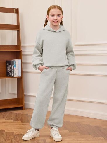 Haloumoning Girls 2 Piece Outfits Kids Oversized Fleece Hoodie Sweatshirt and Sweatpants Fashion Clothing Sets in Saudi Arabia