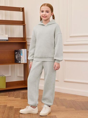 Haloumoning Girls 2 Piece Outfits Kids Oversized Fleece Hoodie Sweatshirt and Sweatpants Fashion Clothing Sets in Saudi Arabia