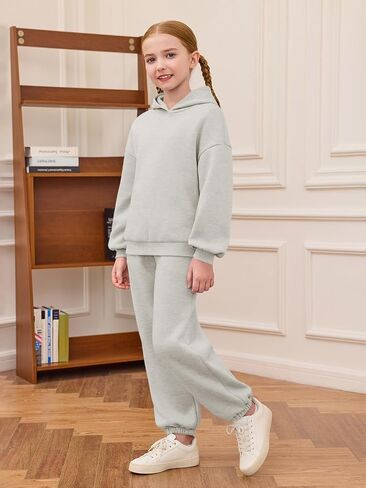 Haloumoning Girls 2 Piece Outfits Kids Oversized Fleece Hoodie Sweatshirt and Sweatpants Fashion Clothing Sets in Saudi Arabia