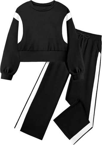 Shallmu Girls Clothes Long Sleeve Stripe Pullover Sweatshirts Top Wide Leg Sweatpants Fall Winter 2 Piece Outfits Sets in Kuwait