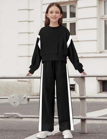 Shallmu Girls Clothes Long Sleeve Stripe Pullover Sweatshirts Top Wide Leg Sweatpants Fall Winter 2 Piece Outfits Sets in Kuwait