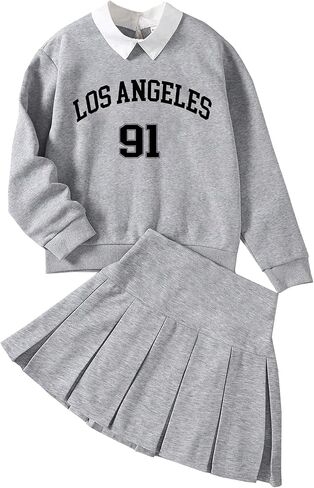 Girls 2 Piece Outfits Cute Preppy Graphic Long Sleeve Sweatshirt and Pleated Skirt Set in Saudi Arabia