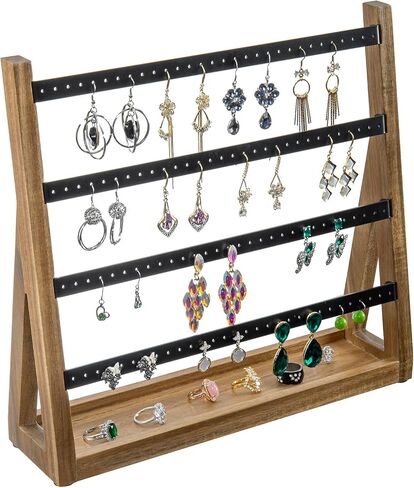 MyGift Premium Acacia Wood and Matte Black Metal Earring Holder – Tabletop Jewelry Organizer Stand with Storage Tray for Earrings, Rings, Necklaces in Saudi Arabia