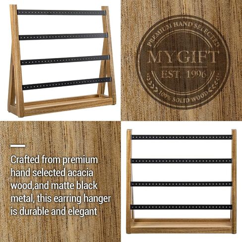 MyGift Premium Acacia Wood and Matte Black Metal Earring Holder – Tabletop Jewelry Organizer Stand with Storage Tray for Earrings, Rings, Necklaces in Saudi Arabia