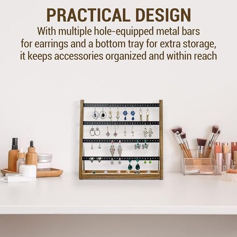 MyGift Premium Acacia Wood and Matte Black Metal Earring Holder – Tabletop Jewelry Organizer Stand with Storage Tray for Earrings, Rings, Necklaces in Saudi Arabia