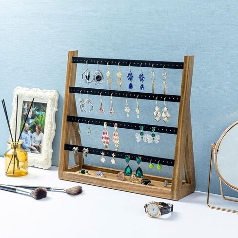 MyGift Premium Acacia Wood and Matte Black Metal Earring Holder – Tabletop Jewelry Organizer Stand with Storage Tray for Earrings, Rings, Necklaces in Saudi Arabia