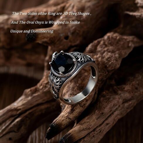 Men's Black Onyx Ring 925 Sterling Silver Snake and Tree Texture Ring Oval Black Onyx, Oxidized Finish Jewelry Gift for Him Father Friend in Saudi Arabia