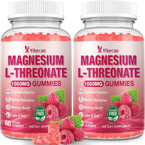 Magnesium L-Threonate Gummies 1000mg, Sugar-Free Magnesium Threonate Supplement for Kids & Adults, Nervous & Muscle System Support, Non-GMO, Raspberry Flavor, 60 Count in Saudi Arabia