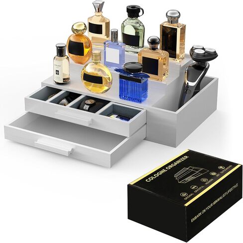 Cologne Organizer for Men,3 Tier Cologne Stand with 2 Drawer and Side Extended Storage Space,Wood Perfume Stand Organizer，Great Gift Packing Box for Men and Women-Black in Saudi Arabia