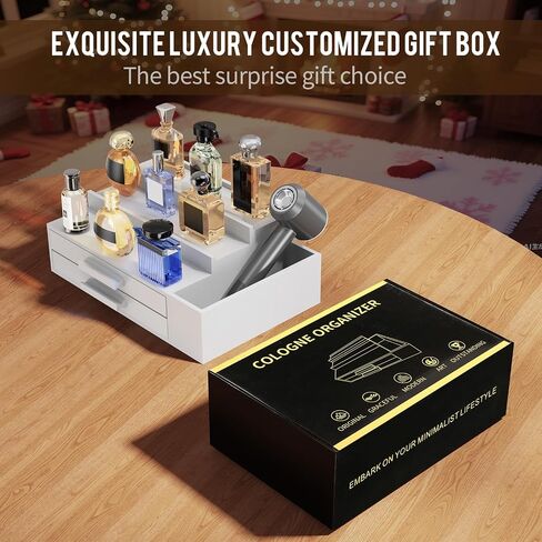Cologne Organizer for Men,3 Tier Cologne Stand with 2 Drawer and Side Extended Storage Space,Wood Perfume Stand Organizer，Great Gift Packing Box for Men and Women-Black in Saudi Arabia