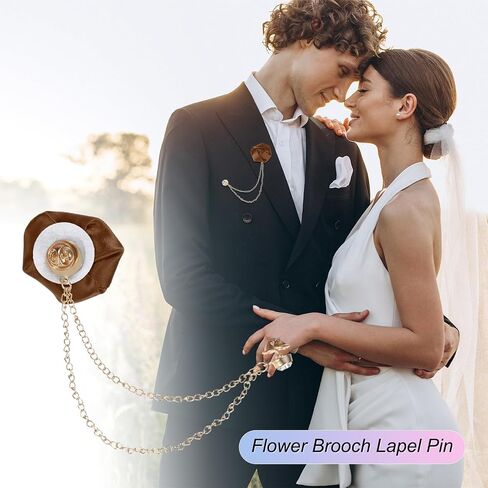 Rose Flower Brooch Pin for Men Suit, Cloth Flower Lapel Pin with Gold Badge Tassel Chain Brooches for Men Wedding in Saudi Arabia