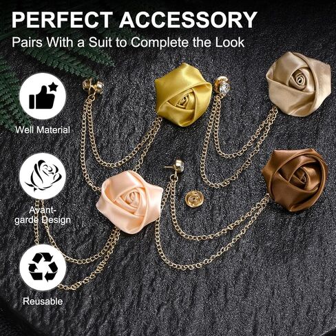 Rose Flower Brooch Pin for Men Suit, Cloth Flower Lapel Pin with Gold Badge Tassel Chain Brooches for Men Wedding in Saudi Arabia