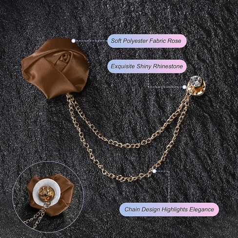 Rose Flower Brooch Pin for Men Suit, Cloth Flower Lapel Pin with Gold Badge Tassel Chain Brooches for Men Wedding in Saudi Arabia
