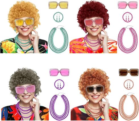 4 Set Women Short Curly Orange Red Wigs and Glasses Jewelry Set for Landlady Halloween Cosplay(Orange A) in Saudi Arabia