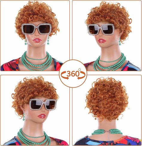 4 Set Women Short Curly Orange Red Wigs and Glasses Jewelry Set for Landlady Halloween Cosplay(Orange A) in Saudi Arabia