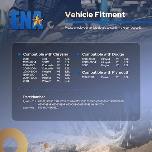 مجموعة ENA من 6 ملفات الاشتعال و Iridium Spark Plug 2000 2001 2002 2003 2004 2005 متوافقة مع Chrysler Dodge Concorde 300 Intrepid LHS Pacifica Prowler Magnum 2.7L 3.2L 3.5L لـ UF269 UF395 in Kuwait