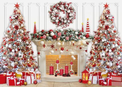 Christmas Photo Backdrop 7x5FT Red White Christmas Tree Fireplace Photography Background for Xmas Family Winter New Year Eve Holiday Party Decorations Banner 82x59 inch in Kuwait