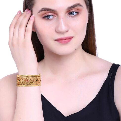 Efulgenz Indian Bangles for Women Gold Tone Bracelet Bangle Set Crystal Floral Engraved Style Hinge Openable Big Broad Bangles Bracelet Indian Bridal Jewelry for Wedding Bollywood Fashion Jewelry (2 Pcs) in Saudi Arabia