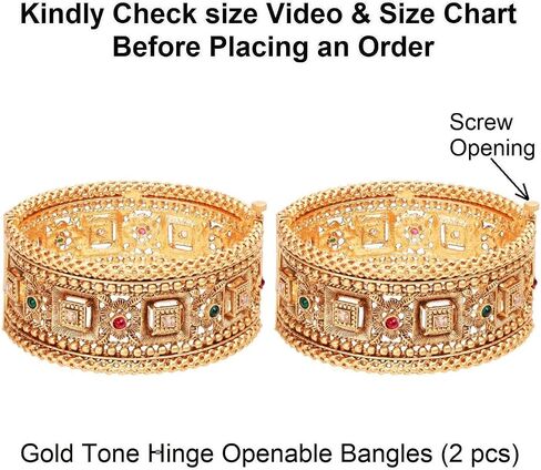 Efulgenz Indian Bangles for Women Gold Tone Bracelet Bangle Set Crystal Floral Engraved Style Hinge Openable Big Broad Bangles Bracelet Indian Bridal Jewelry for Wedding Bollywood Fashion Jewelry (2 Pcs) in Saudi Arabia