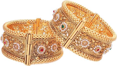 Efulgenz Indian Bangles for Women Gold Tone Bracelet Bangle Set Crystal Floral Engraved Style Hinge Openable Big Broad Bracelet Bangles Indian Bridal Jewelry for Wedding Bollywood Fashion Jewelry (2 Pcs) in Saudi Arabia