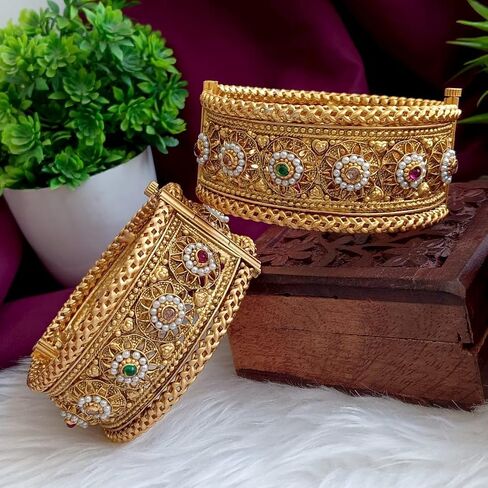 Efulgenz Indian Bangles for Women Gold Tone Bracelet Bangle Set Crystal Floral Engraved Style Hinge Openable Big Broad Bracelet Bangles Indian Bridal Jewelry for Wedding Bollywood Fashion Jewelry (2 Pcs) in Saudi Arabia