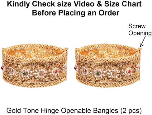 Efulgenz Indian Bangles for Women Gold Tone Bracelet Bangle Set Crystal Floral Engraved Style Hinge Openable Big Broad Bracelet Bangles Indian Bridal Jewelry for Wedding Bollywood Fashion Jewelry (2 Pcs) in Saudi Arabia
