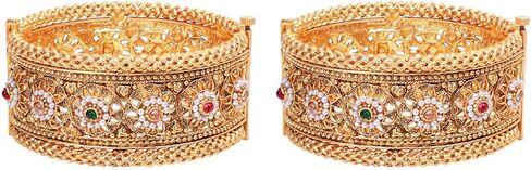 Efulgenz Indian Bangles for Women Gold Tone Bracelet Bangle Set Crystal Floral Engraved Style Hinge Openable Big Broad Bracelet Bangles Indian Bridal Jewelry for Wedding Bollywood Fashion Jewelry (2 Pcs) in Saudi Arabia