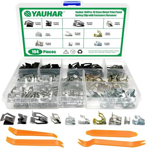 104Pcs 10 Sizes Metal Trim Panel Spring Clip with Fasteners Remover, 7.9mm 10mm 11mm 13.1mm 14.1mm 15.3mm 15.8mm 16mm 17.3mm 18.2mm Auto U-Clip Trim Moulding Clips in Saudi Arabia