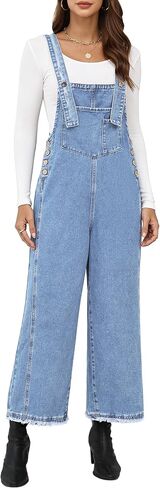 Denim Overalls for Women Jean Bib Wide Leg Raw Hem Button Adjustable Straps Loose Fit Baggy Jumpsuit Jumpers in Saudi Arabia