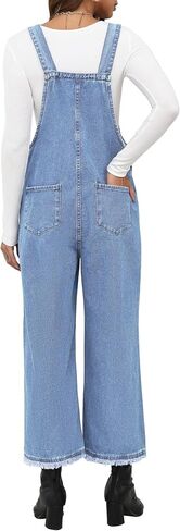 Denim Overalls for Women Jean Bib Wide Leg Raw Hem Button Adjustable Straps Loose Fit Baggy Jumpsuit Jumpers in Saudi Arabia