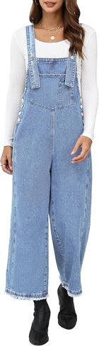 Denim Overalls for Women Jean Bib Wide Leg Raw Hem Button Adjustable Straps Loose Fit Baggy Jumpsuit Jumpers in Saudi Arabia